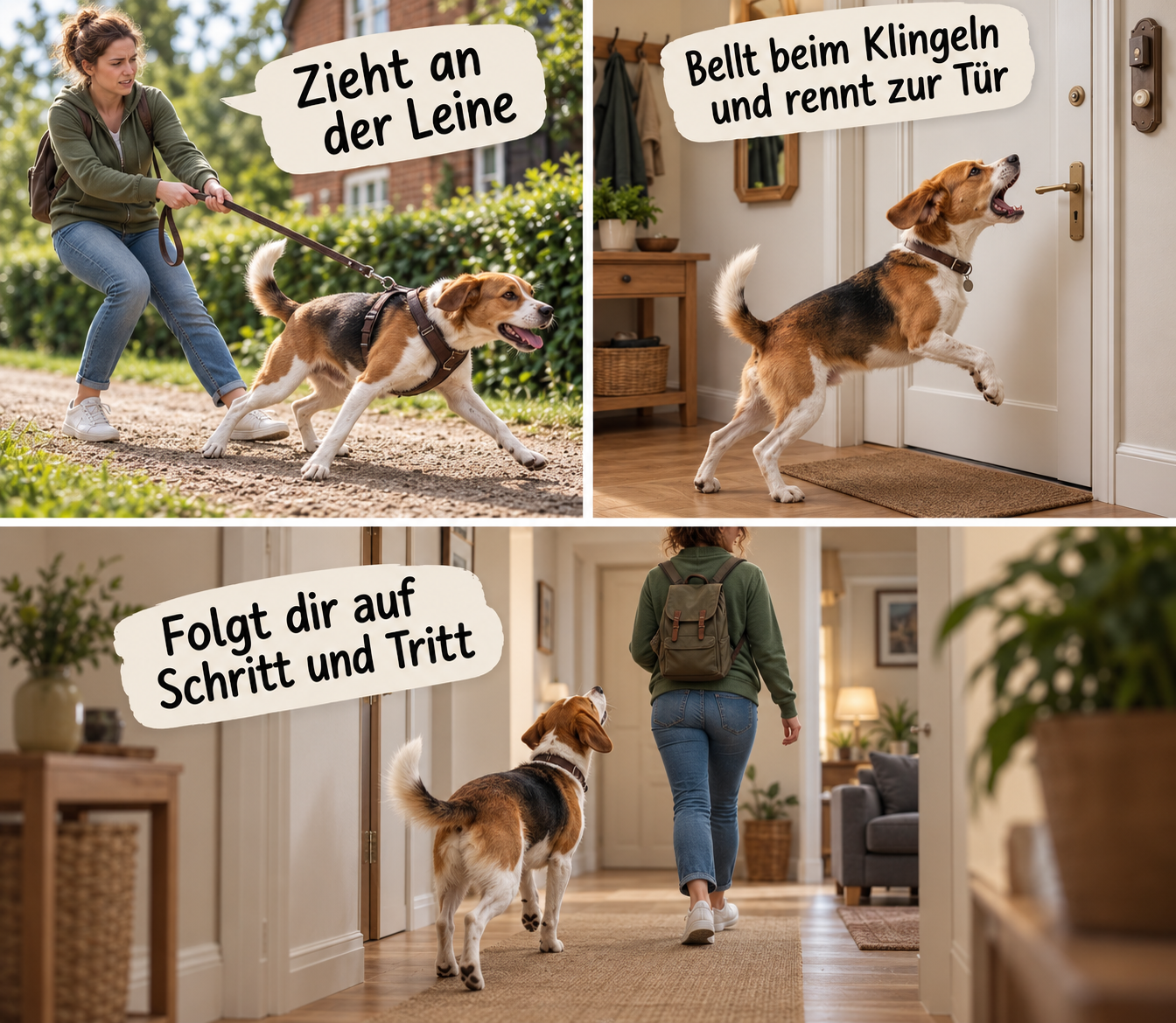 Illustration: Ziehen an der Leine, Bellen an der Tür und Folgen auf Schritt und Tritt