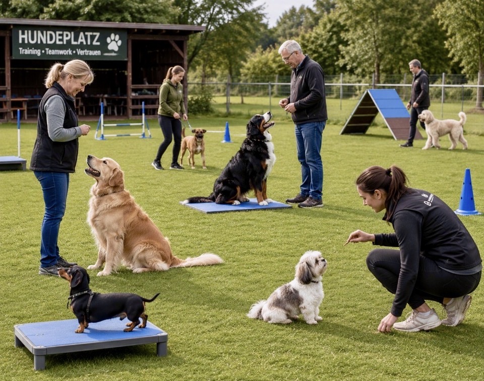 Hunde und Menschen beim Training auf einem Hundeplatz