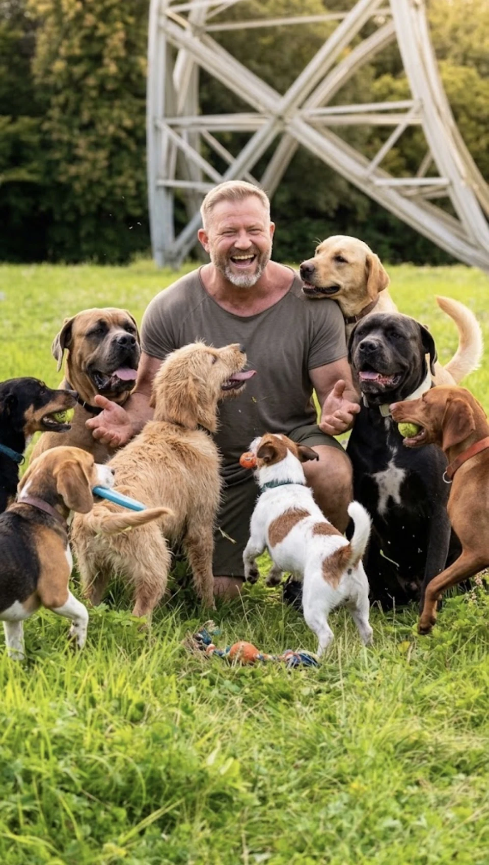 Mike inmitten einer Hundegruppe auf einer Wiese