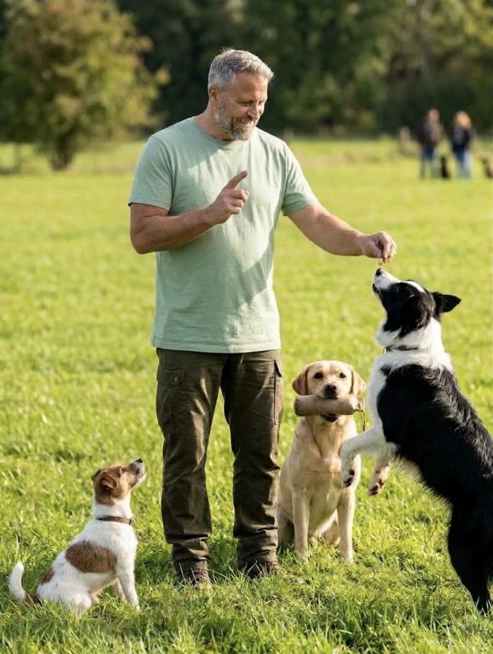 Mike gibt Hunden beim Training auf einer Wiese Orientierung